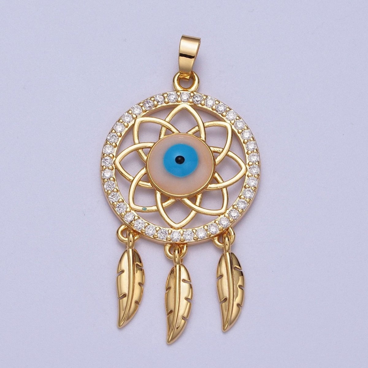 16K Gold plated Micro Paved Evil Eye of Ra Dreamcatcher Feathers Pendant For DIY Protection Jewelry Making | X-688 - DLUXCA