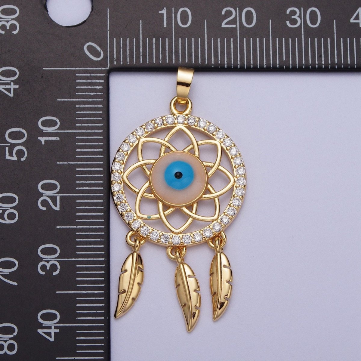 16K Gold plated Micro Paved Evil Eye of Ra Dreamcatcher Feathers Pendant For DIY Protection Jewelry Making | X-688 - DLUXCA