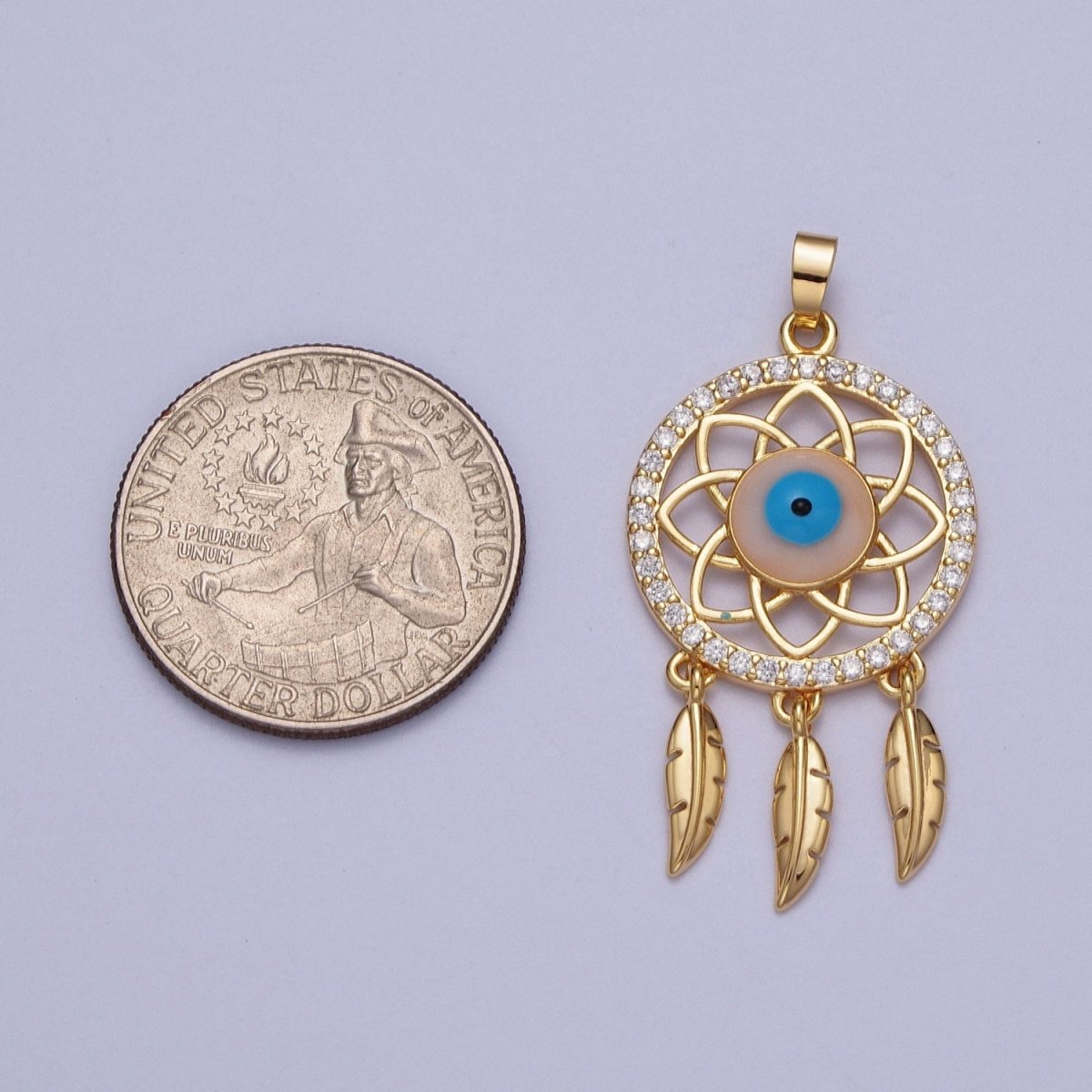 16K Gold plated Micro Paved Evil Eye of Ra Dreamcatcher Feathers Pendant For DIY Protection Jewelry Making | X-688 - DLUXCA