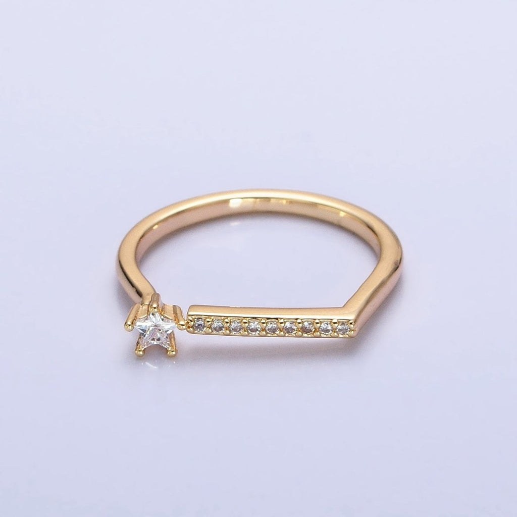 16K Gold plated Micro Paved Flat Bar Celestial Star CZ Open Adjustable Ring in Gold & Silver | O-1906 O-1907