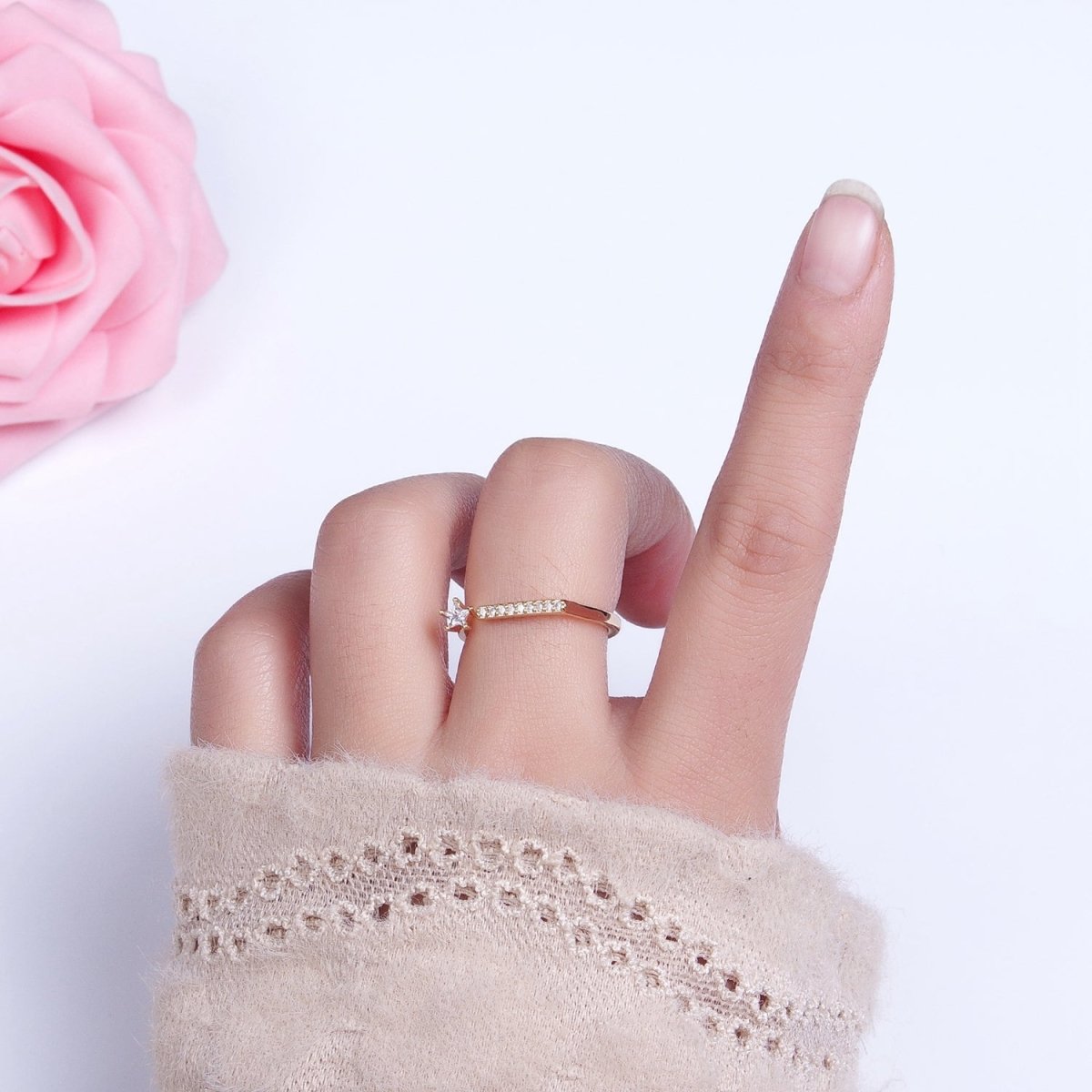16K Gold plated Micro Paved Flat Bar Celestial Star CZ Open Adjustable Ring in Gold & Silver | O-1906 O-1907