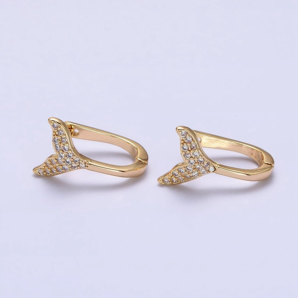 16K Gold plated Micro Paved Ocean Tail 13mm English Lock Earrings in Gold & Silver | AB1491 AB1492 - DLUXCA