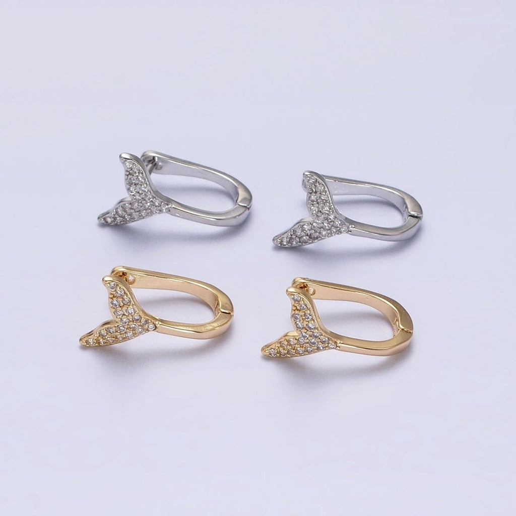 16K Gold plated Micro Paved Ocean Tail 13mm English Lock Earrings in Gold & Silver | AB1491 AB1492 - DLUXCA