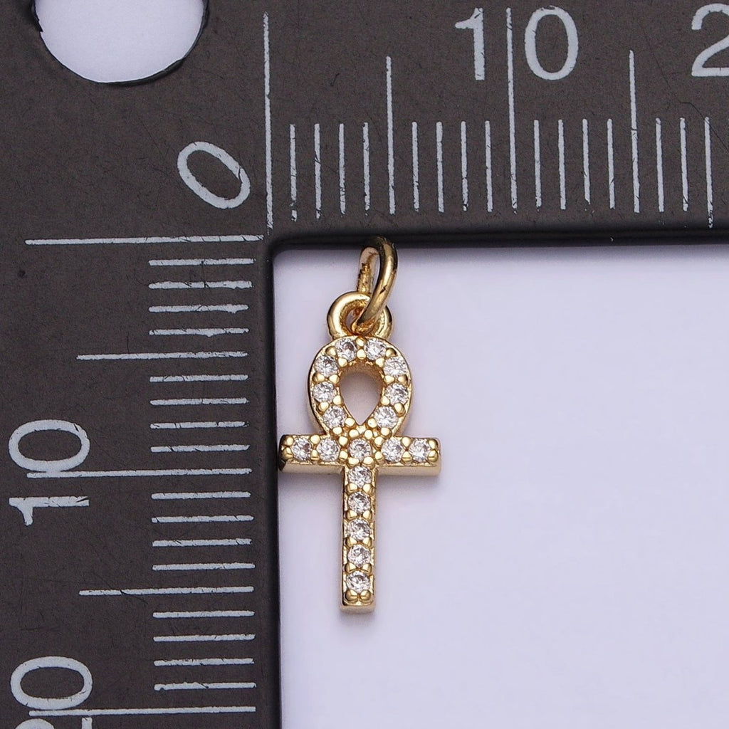 16K Gold plated Mini Egyptian Ankh Cross Micro Paved CZ Add-On Charm | AC1142 - DLUXCA