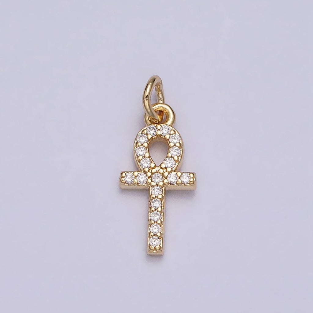 16K Gold plated Mini Egyptian Ankh Cross Micro Paved CZ Add-On Charm | AC1142 - DLUXCA