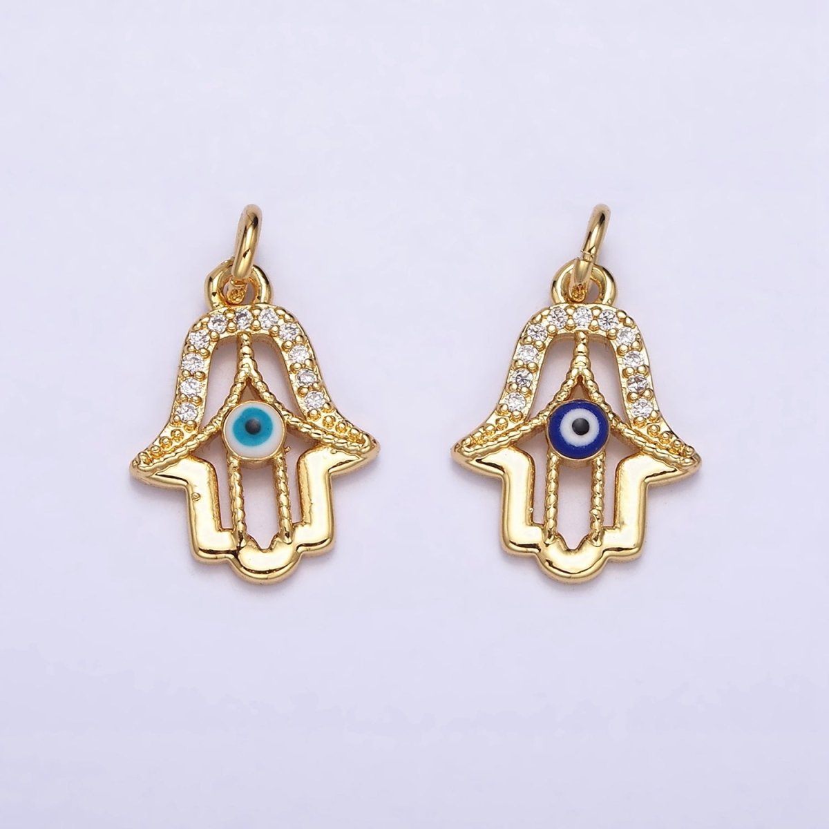 16K Gold plated Mini Hamsa Hand Dark Blue, Teal Evil Eye Micro Paved CZ Add-On Charm | AC1172 AC1173