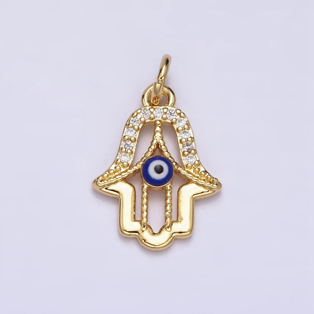 16K Gold plated Mini Hamsa Hand Dark Blue, Teal Evil Eye Micro Paved CZ Add-On Charm | AC1172 AC1173