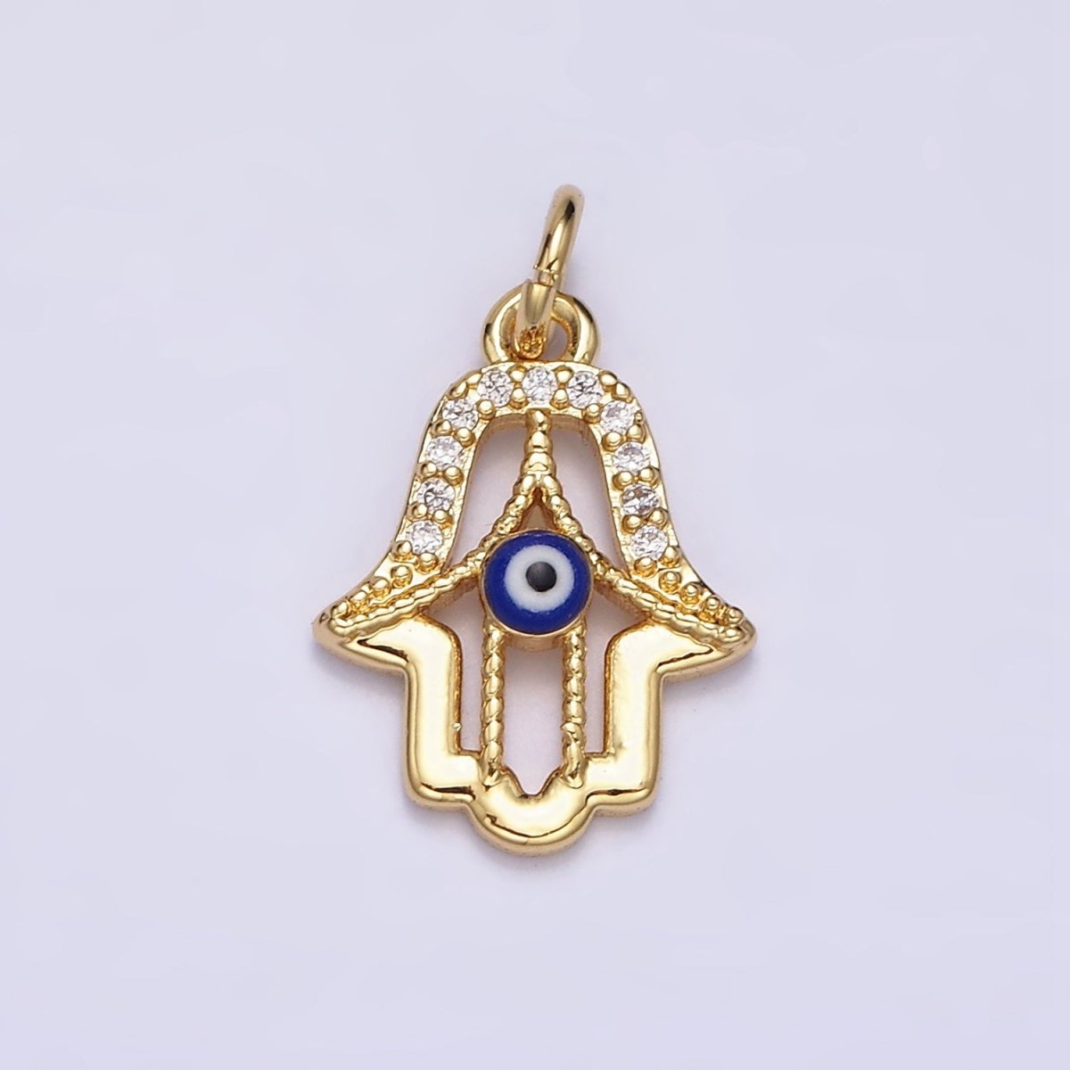 16K Gold plated Mini Hamsa Hand Dark Blue, Teal Evil Eye Micro Paved CZ Add-On Charm | AC1172 AC1173
