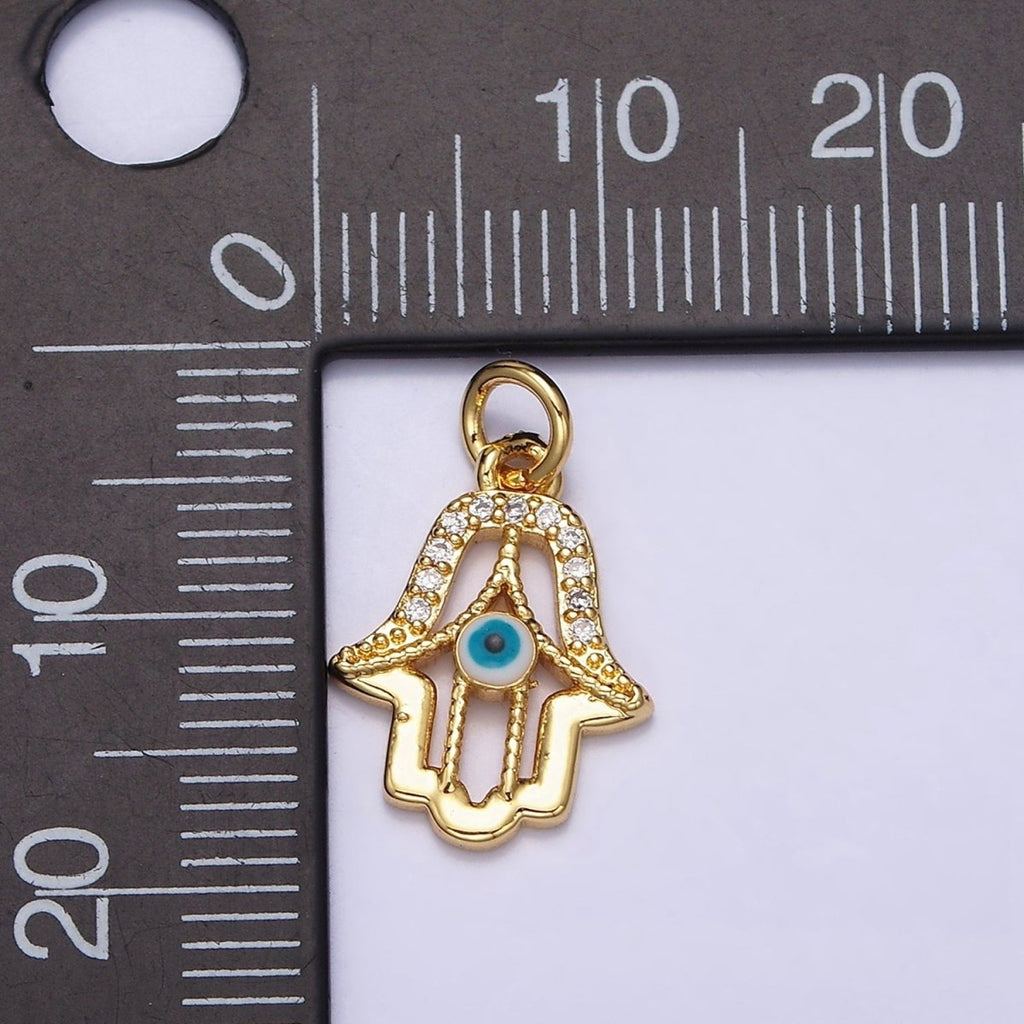 16K Gold plated Mini Hamsa Hand Dark Blue, Teal Evil Eye Micro Paved CZ Add-On Charm | AC1172 AC1173