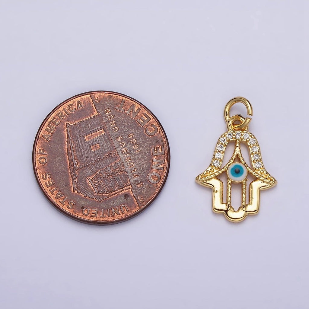 16K Gold plated Mini Hamsa Hand Dark Blue, Teal Evil Eye Micro Paved CZ Add-On Charm | AC1172 AC1173