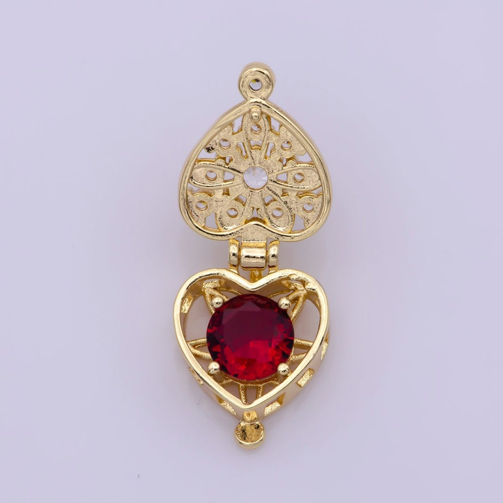 16K Gold plated Mini Heart Cage Locket Charm with Red CZ Inside N-195 - DLUXCA
