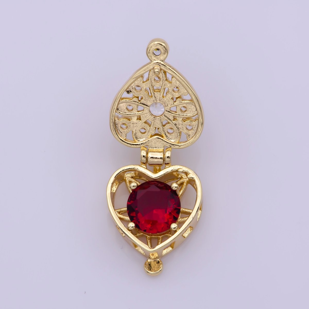 16K Gold plated Mini Heart Cage Locket Charm with Red CZ Inside N-195 - DLUXCA