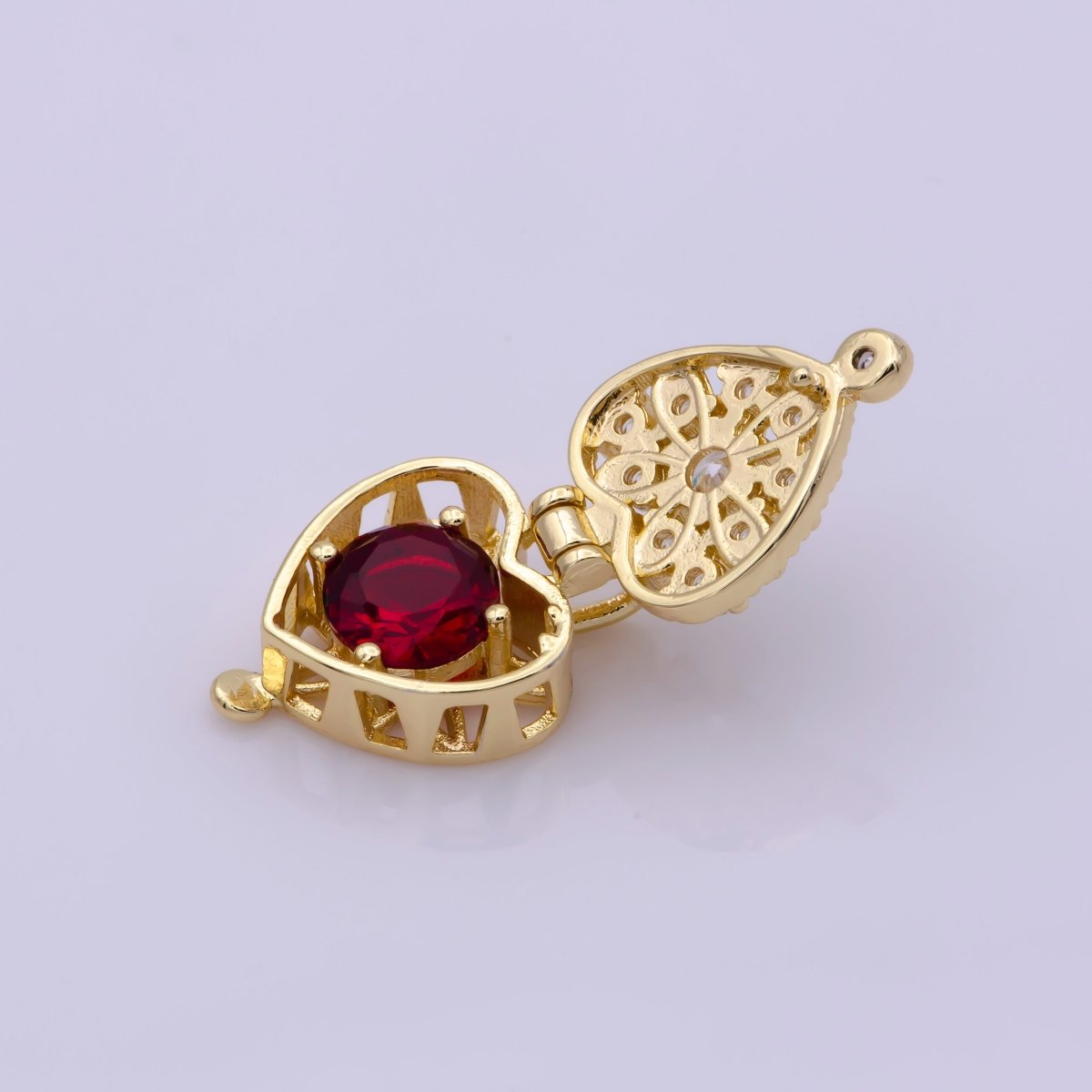 16K Gold plated Mini Heart Cage Locket Charm with Red CZ Inside N-195 - DLUXCA