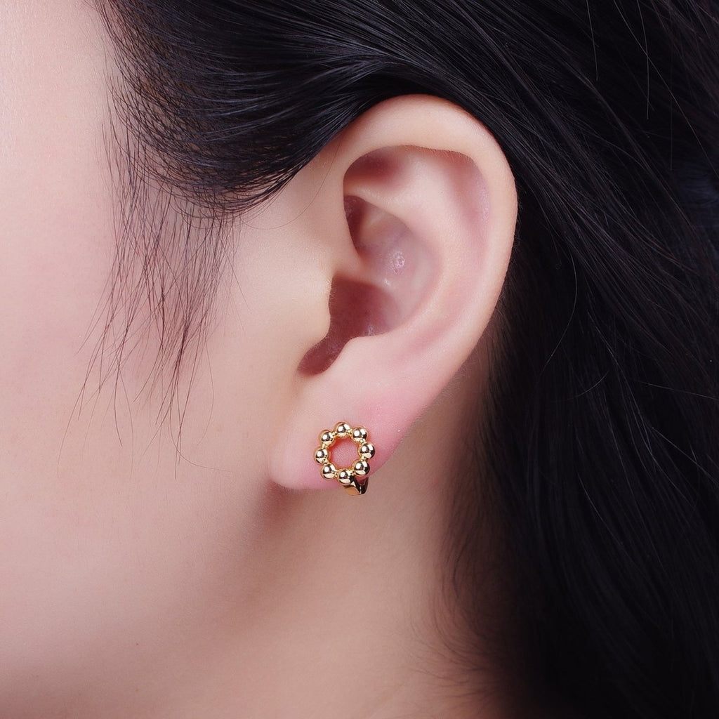 16K Gold plated Minimalist Round Beaded Bubble Ball Huggie Hoop Earrings | X-849 - DLUXCA