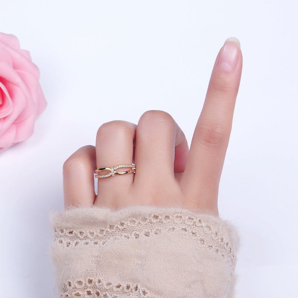 16K Gold plated Mirco Paved Knot Double Band Ring in Gold & Silver | O-1629 O-1630 - DLUXCA