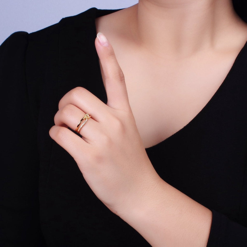 16K Gold plated Mirco Paved Knot Double Band Ring in Gold & Silver | O-1629 O-1630 - DLUXCA