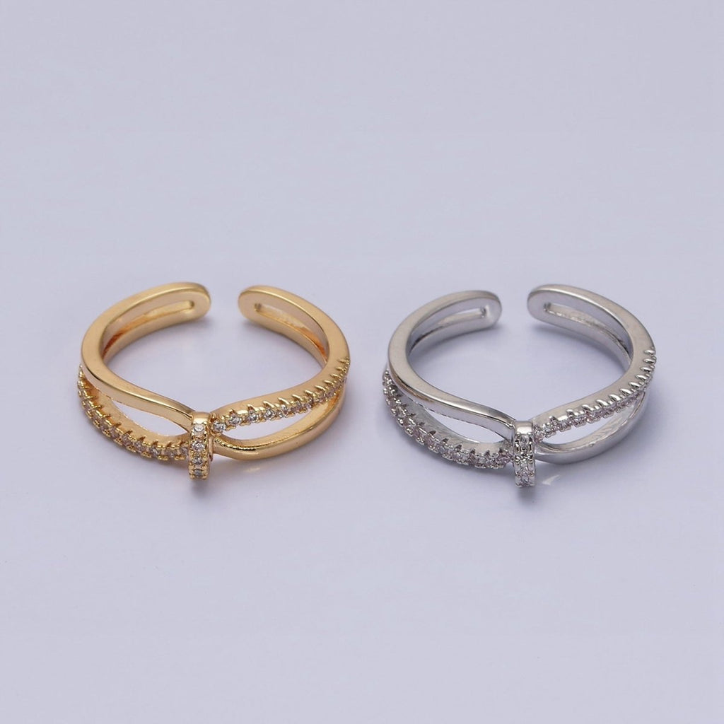 16K Gold plated Mirco Paved Knot Double Band Ring in Gold & Silver | O-1629 O-1630 - DLUXCA