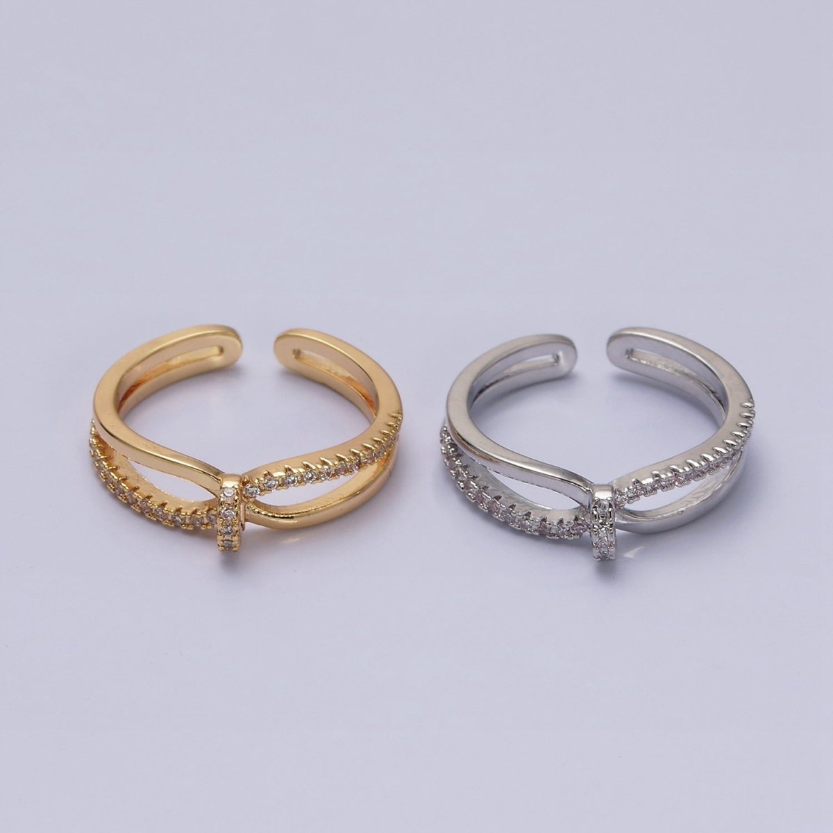 16K Gold plated Mirco Paved Knot Double Band Ring in Gold & Silver | O-1629 O-1630 - DLUXCA