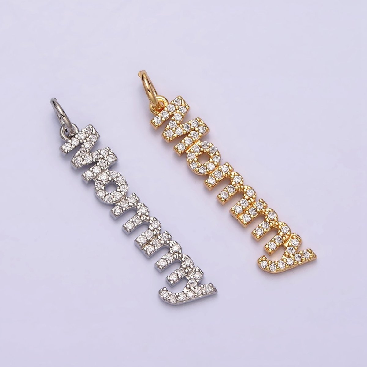 16K Gold plated "Mommy" Script Micro Paved CZ Add-On Charm in Gold & Silver | AC1369 AC1370 - DLUXCA