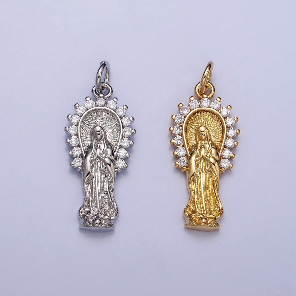 16K Gold plated Mother Mary Lady Guadalupe CZ Outline Charm in Gold & Silver | AC1280 AC1281 - DLUXCA