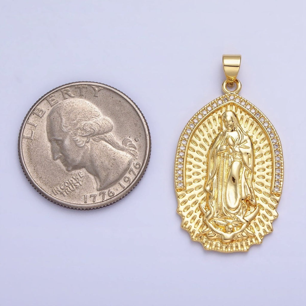 16K Gold plated Mother Virgin Mary Line Textured Micro Paved CZ Religious Pendant | AA226 - DLUXCA