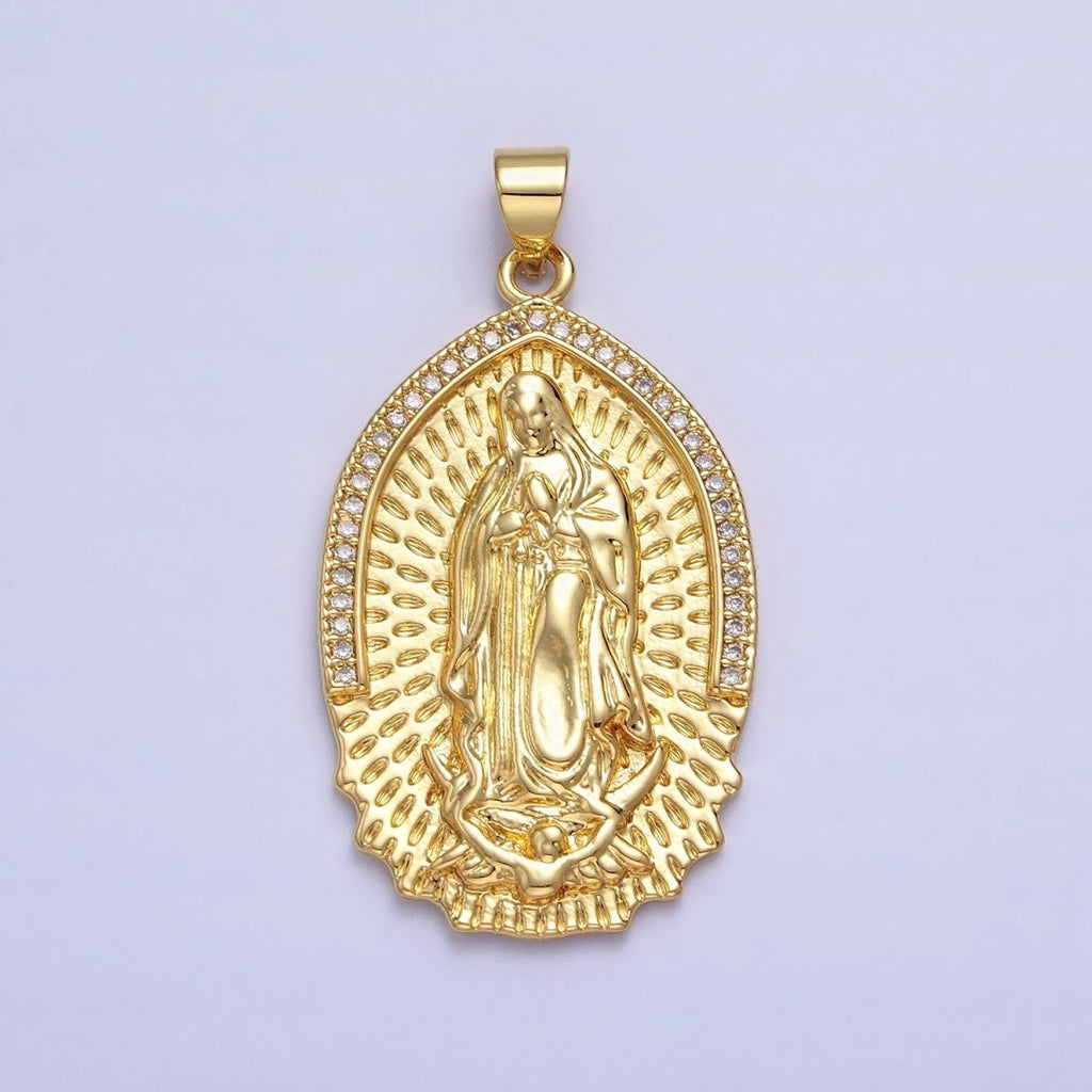 16K Gold plated Mother Virgin Mary Line Textured Micro Paved CZ Religious Pendant | AA226 - DLUXCA