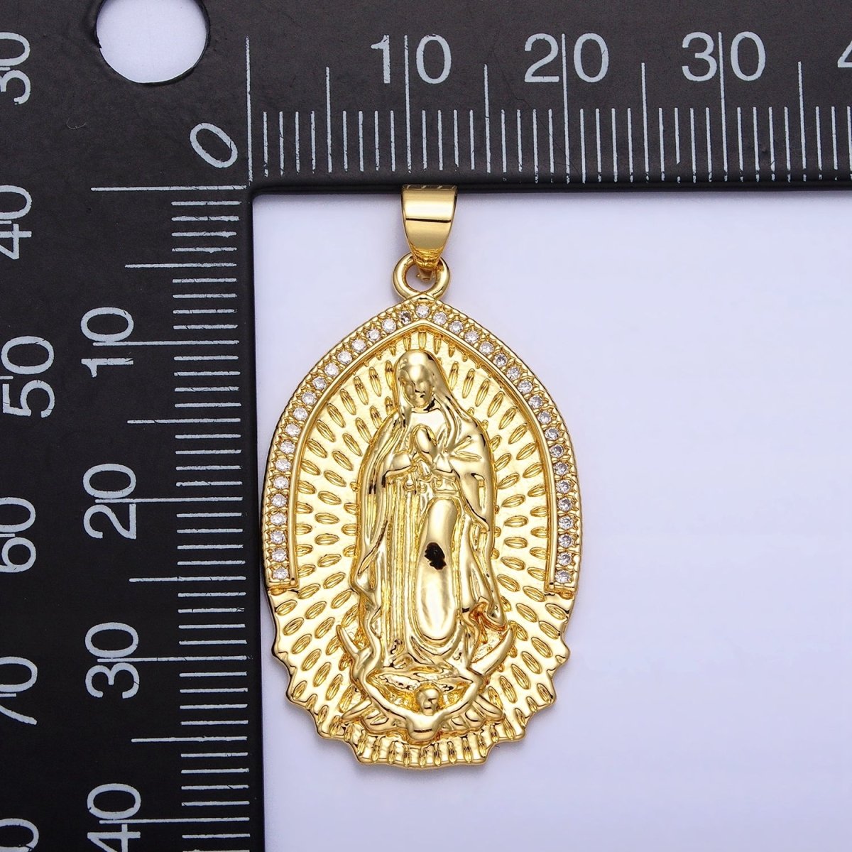 16K Gold plated Mother Virgin Mary Line Textured Micro Paved CZ Religious Pendant | AA226 - DLUXCA