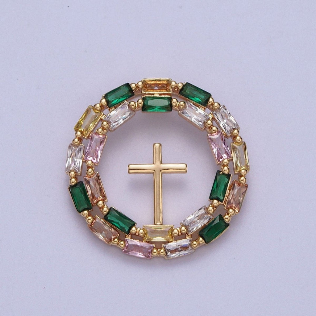 16K Gold plated Multicolor Baguette Mini Cross Round Medallion Pendant For Religious Jewelry | X-689 - DLUXCA