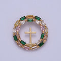 16K Gold plated Multicolor Baguette Mini Cross Round Medallion Pendant For Religious Jewelry | X-689 - DLUXCA