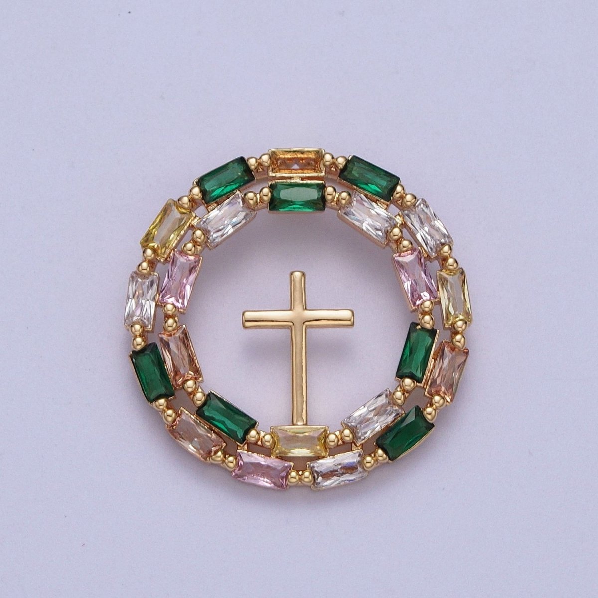 16K Gold plated Multicolor Baguette Mini Cross Round Medallion Pendant For Religious Jewelry | X-689 - DLUXCA