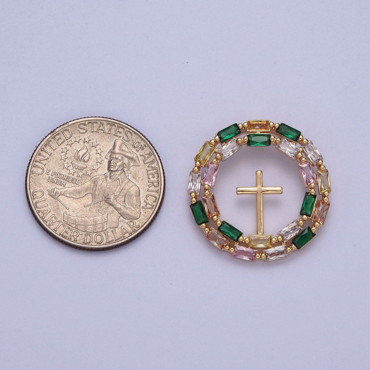 16K Gold plated Multicolor Baguette Mini Cross Round Medallion Pendant For Religious Jewelry | X-689 - DLUXCA
