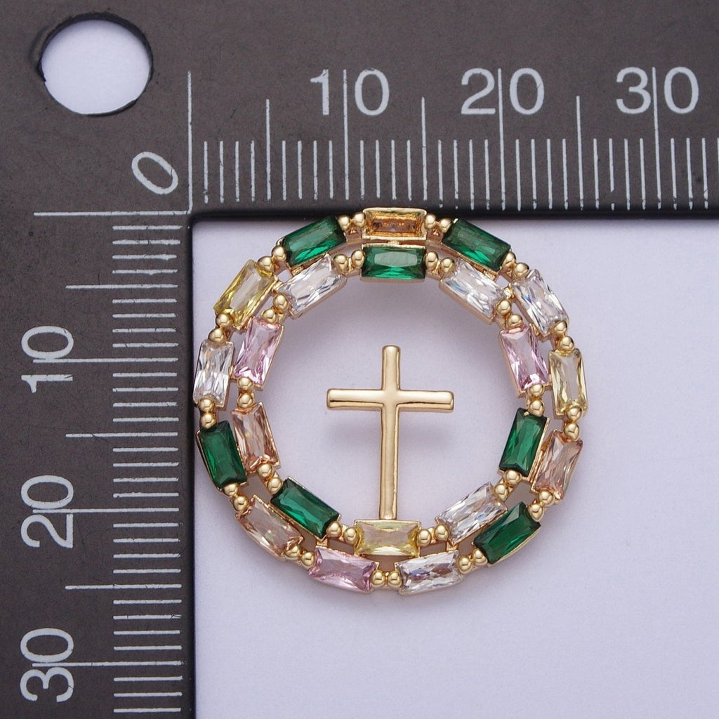 16K Gold plated Multicolor Baguette Mini Cross Round Medallion Pendant For Religious Jewelry | X-689 - DLUXCA