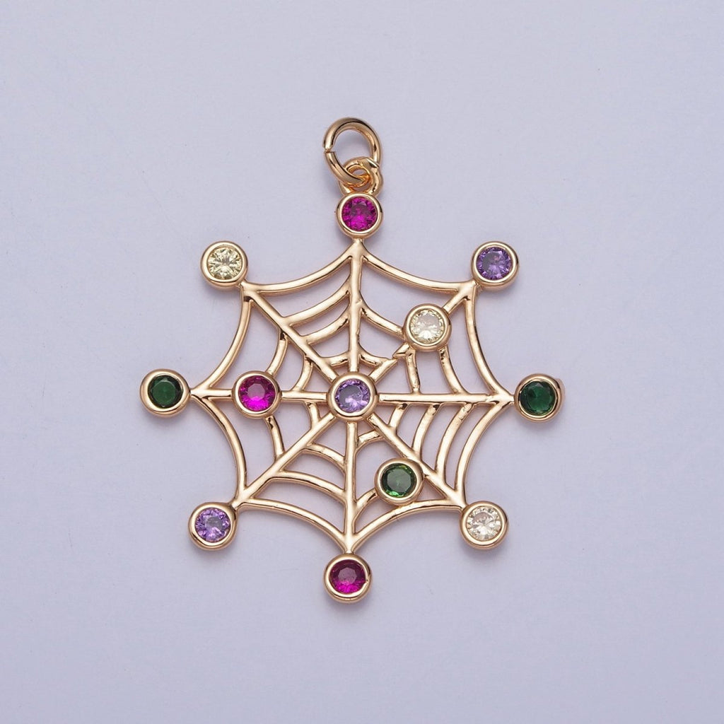 16K Gold plated Multicolor Round Cubic Zirconia Spider Cob Web Charm | X-215 - DLUXCA