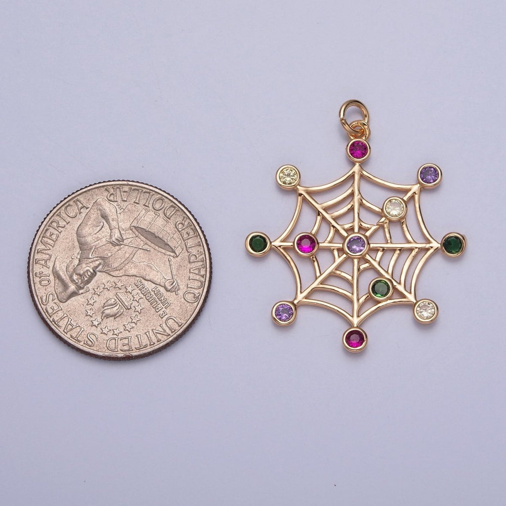 16K Gold plated Multicolor Round Cubic Zirconia Spider Cob Web Charm | X-215 - DLUXCA