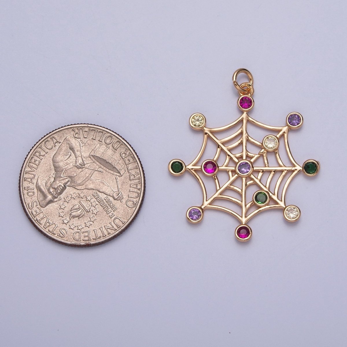 16K Gold plated Multicolor Round Cubic Zirconia Spider Cob Web Charm | X-215 - DLUXCA
