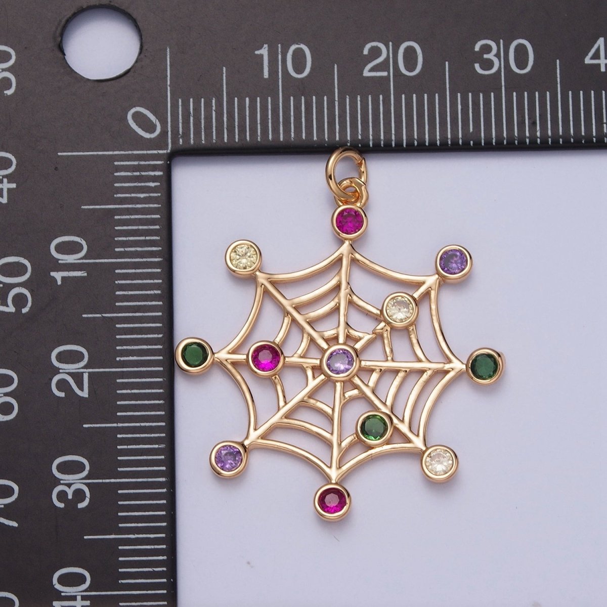 16K Gold plated Multicolor Round Cubic Zirconia Spider Cob Web Charm | X-215 - DLUXCA