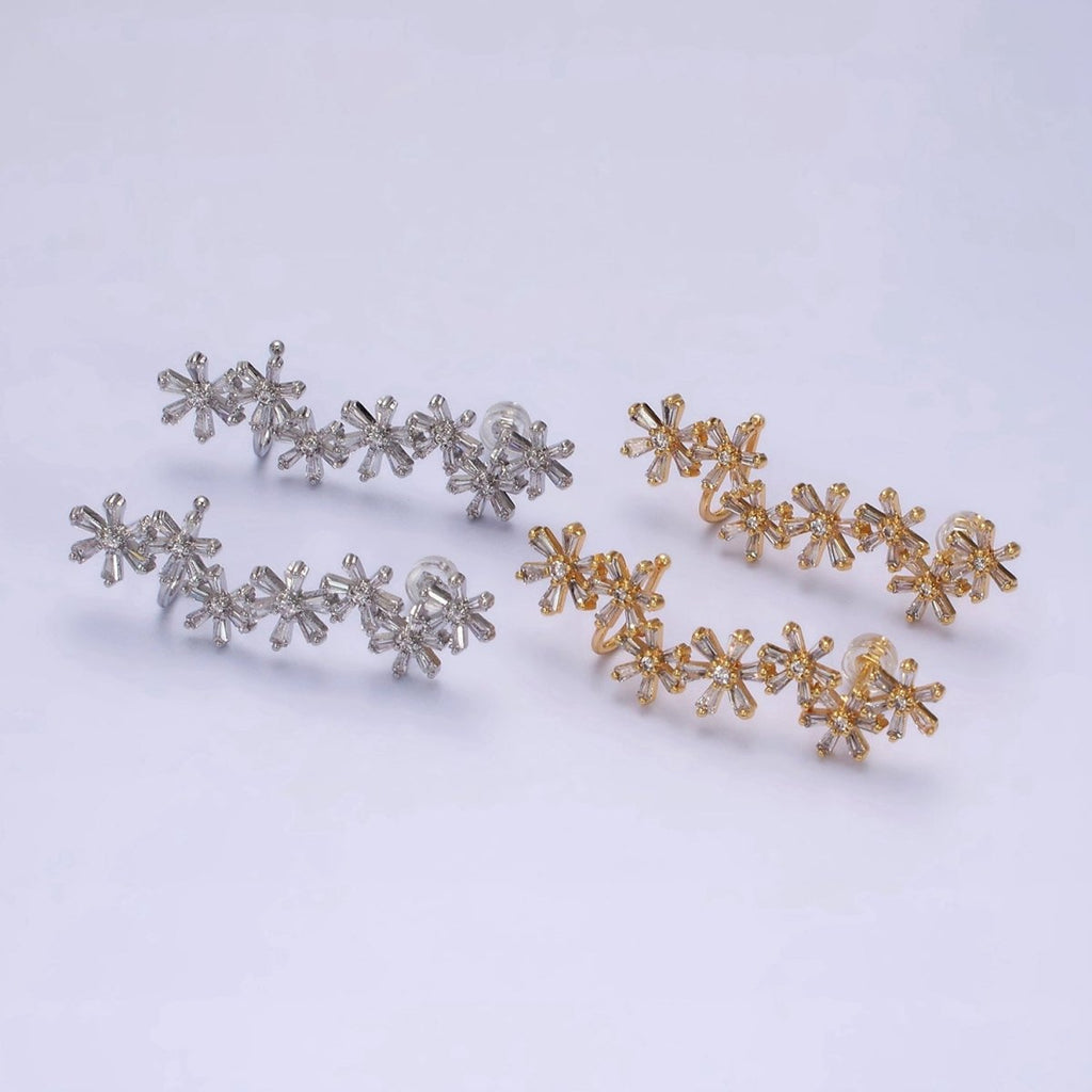 16K Gold plated Multiple Flower Baguette Ear Crawler Cuff Stud Earrings in Gold & Silver | AI017 AI018