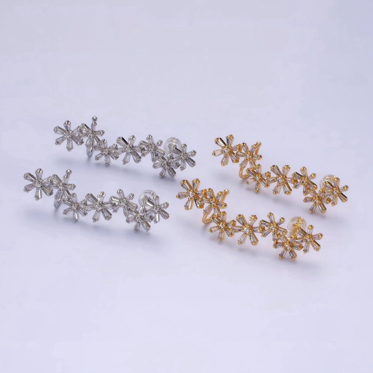 16K Gold plated Multiple Flower Baguette Ear Crawler Cuff Stud Earrings in Gold & Silver | AI017 AI018