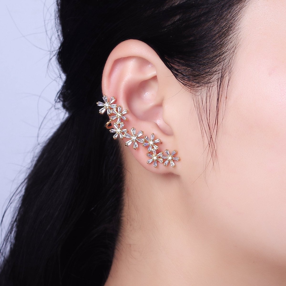 16K Gold plated Multiple Flower Baguette Ear Crawler Cuff Stud Earrings in Gold & Silver | AI017 AI018