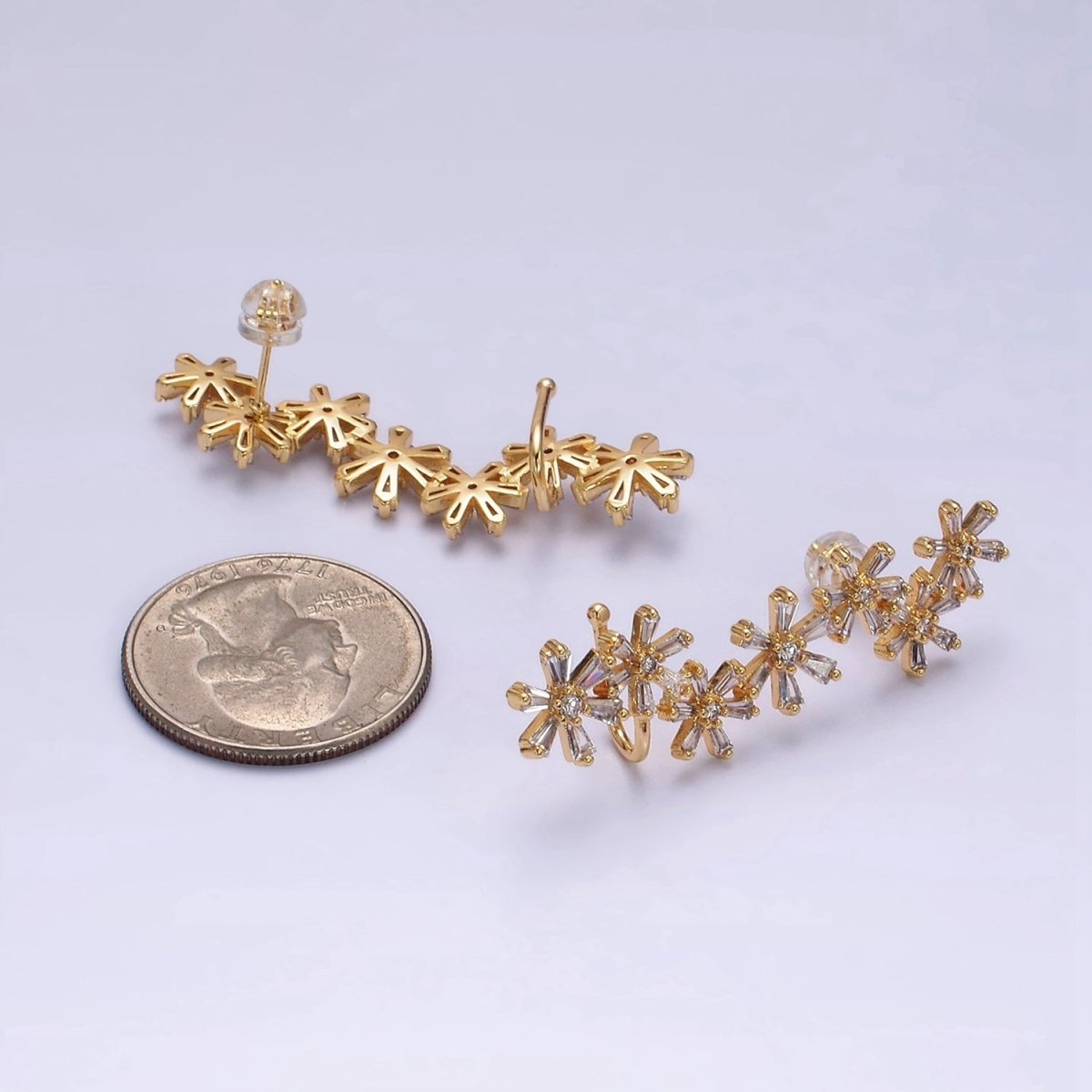 16K Gold plated Multiple Flower Baguette Ear Crawler Cuff Stud Earrings in Gold & Silver | AI017 AI018