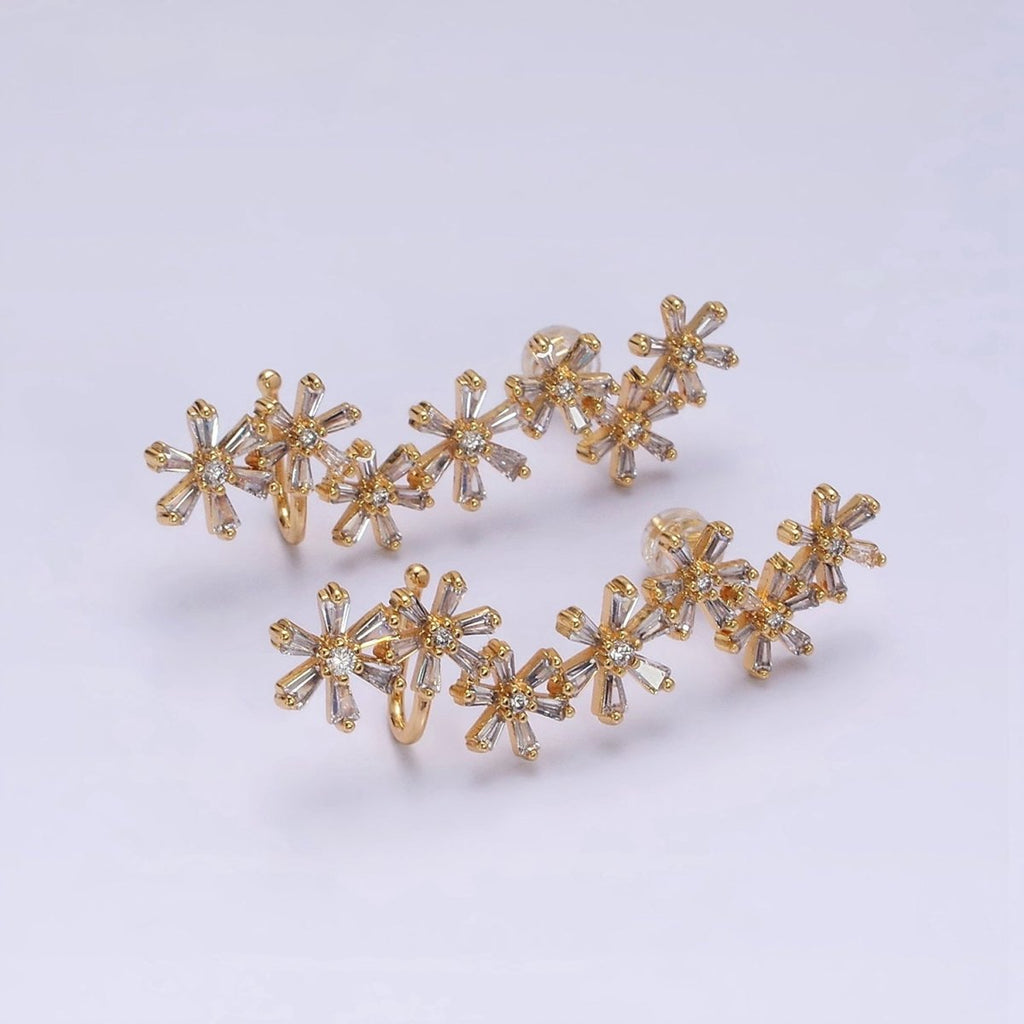 16K Gold plated Multiple Flower Baguette Ear Crawler Cuff Stud Earrings in Gold & Silver | AI017 AI018