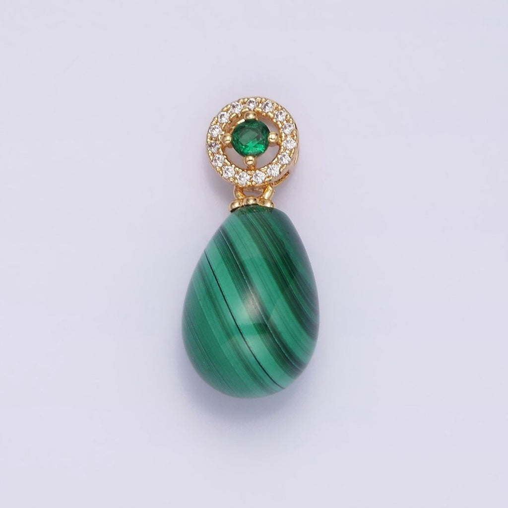 16K Gold plated Natural Gemstone Malachite Drop Micro Paved CZ Green Round Bail | AA614 - DLUXCA
