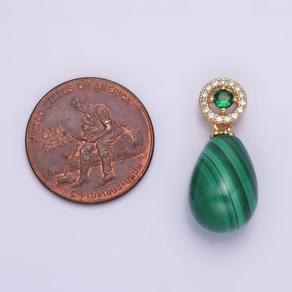 16K Gold plated Natural Gemstone Malachite Drop Micro Paved CZ Green Round Bail | AA614 - DLUXCA