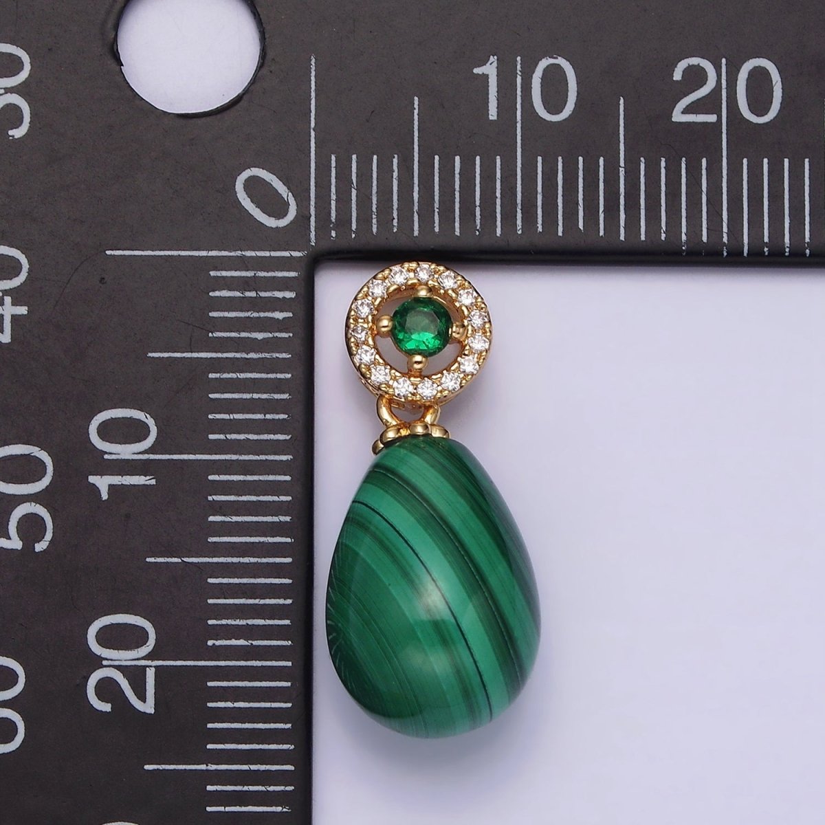 16K Gold plated Natural Gemstone Malachite Drop Micro Paved CZ Green Round Bail | AA614 - DLUXCA