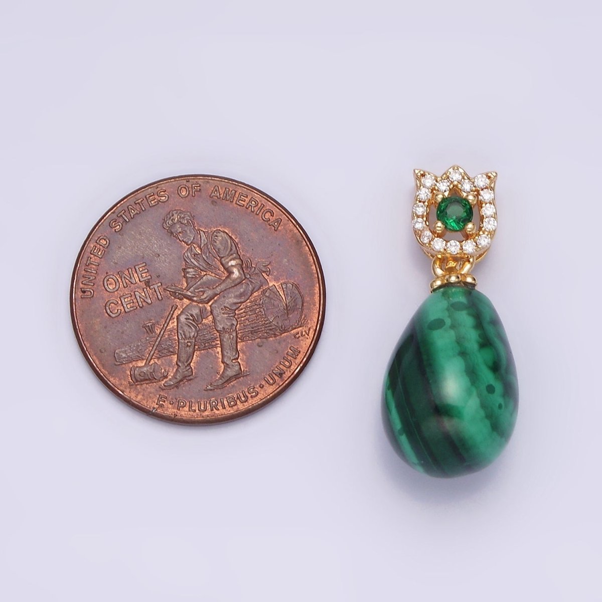 16K Gold plated Natural Gemstone Malachite Drop Micro Paved CZ Tulip Flower Bail | AA615 - DLUXCA