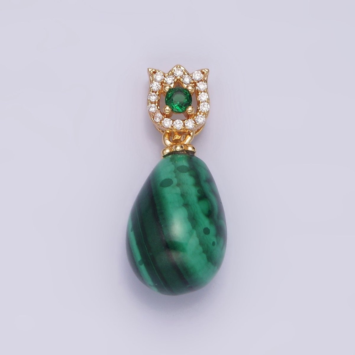 16K Gold plated Natural Gemstone Malachite Drop Micro Paved CZ Tulip Flower Bail | AA615 - DLUXCA