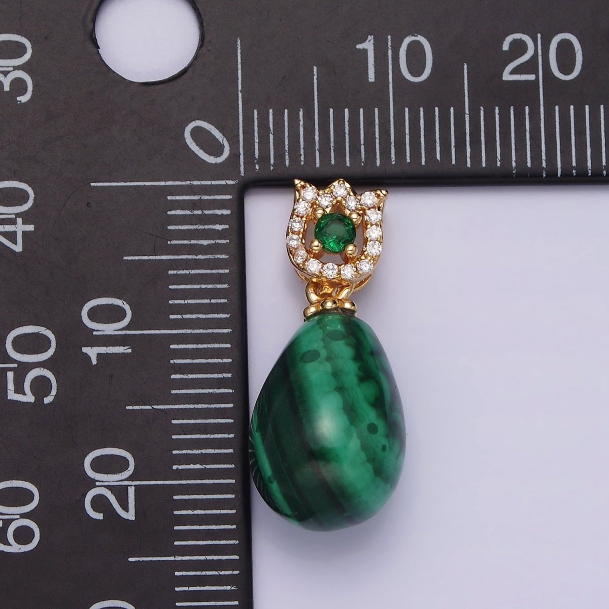 16K Gold plated Natural Gemstone Malachite Drop Micro Paved CZ Tulip Flower Bail | AA615 - DLUXCA