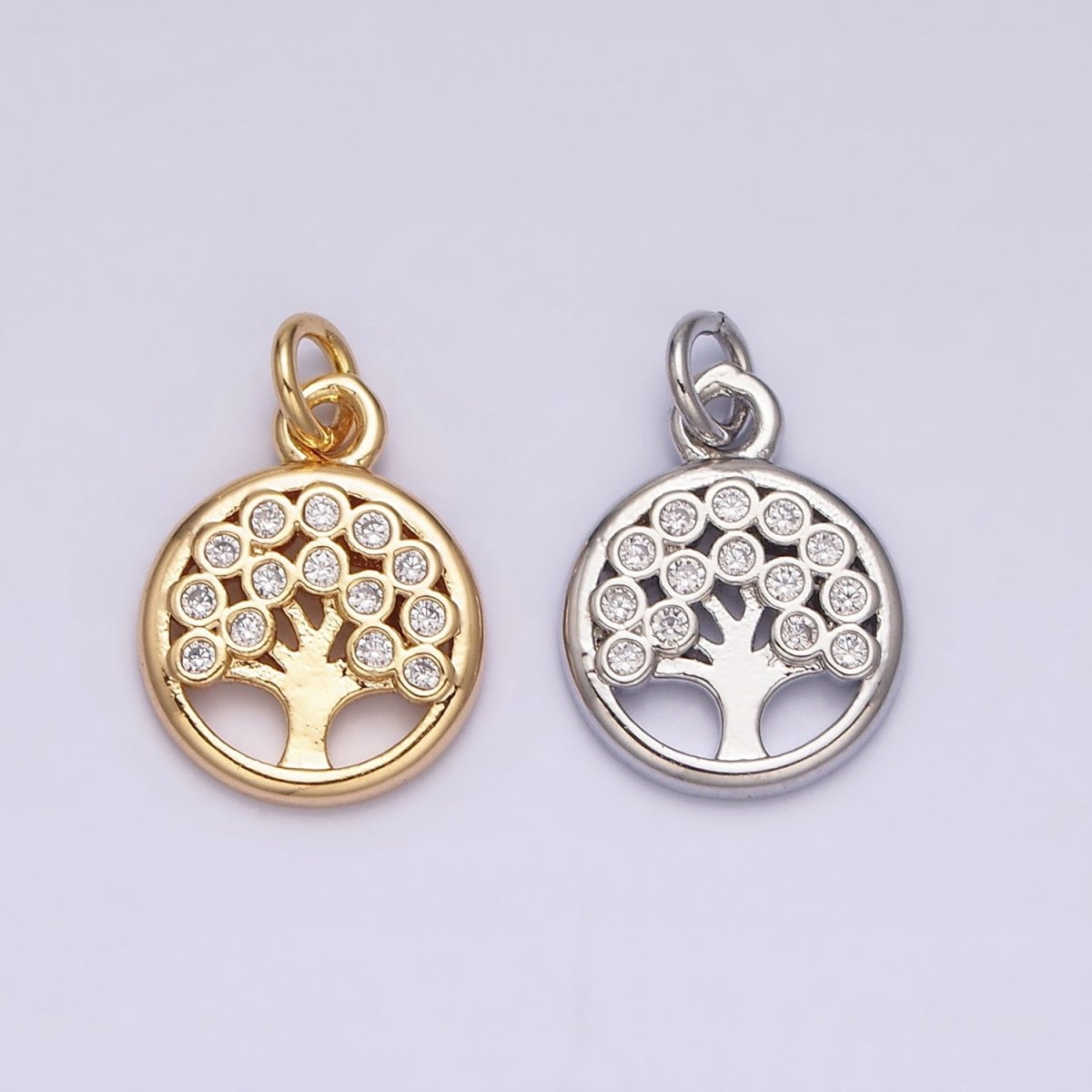 16K Gold plated Natural Tree CZ 10mm Open Round Charm in Gold & Silver | AC1071 AC1072