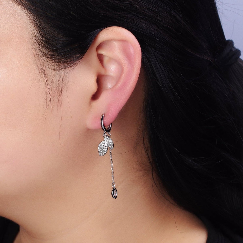 16K Gold plated Nature Leaf Clear Marquise Cable Drop Huggie Earrings in Gold & Silver | AD863 AD864