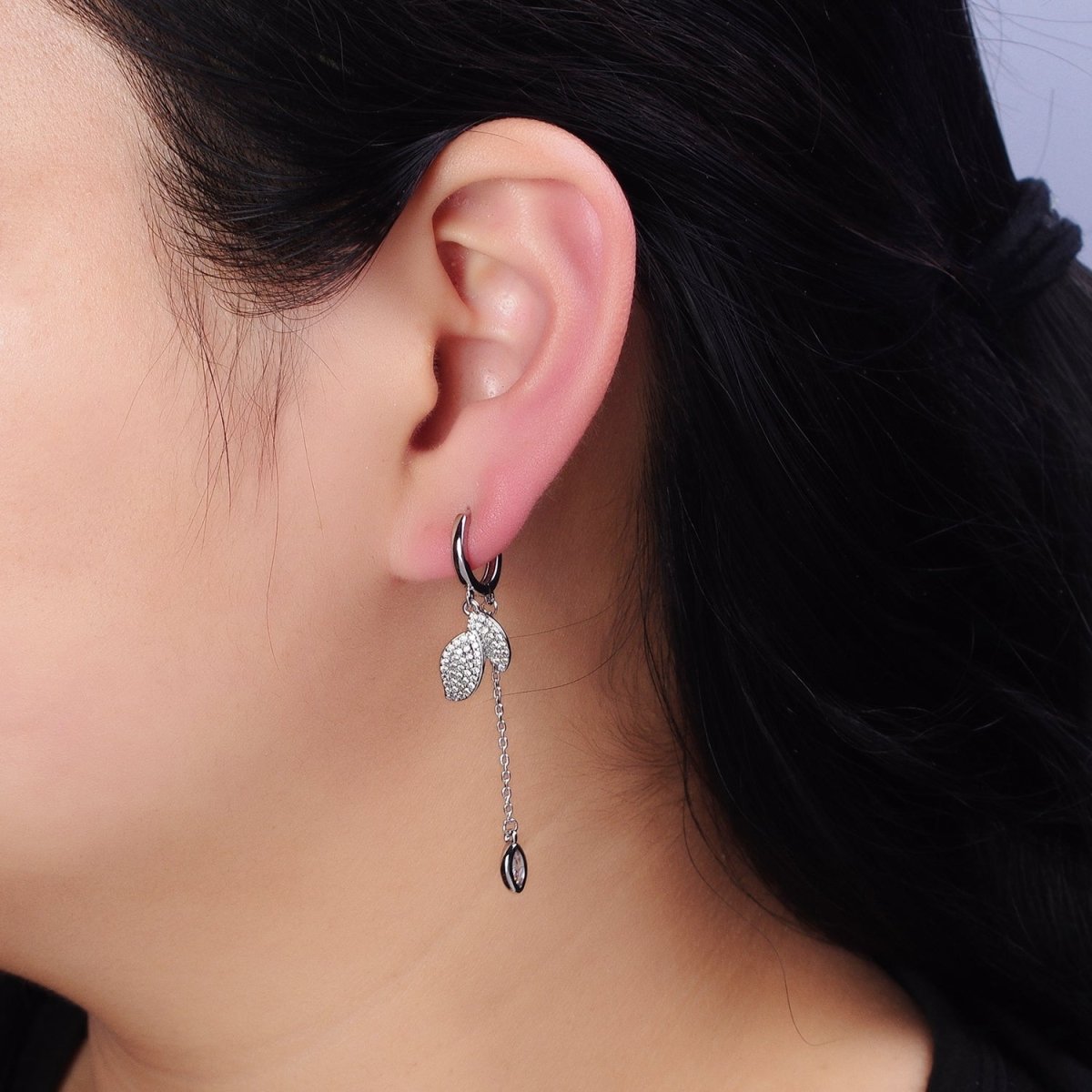 16K Gold plated Nature Leaf Clear Marquise Cable Drop Huggie Earrings in Gold & Silver | AD863 AD864